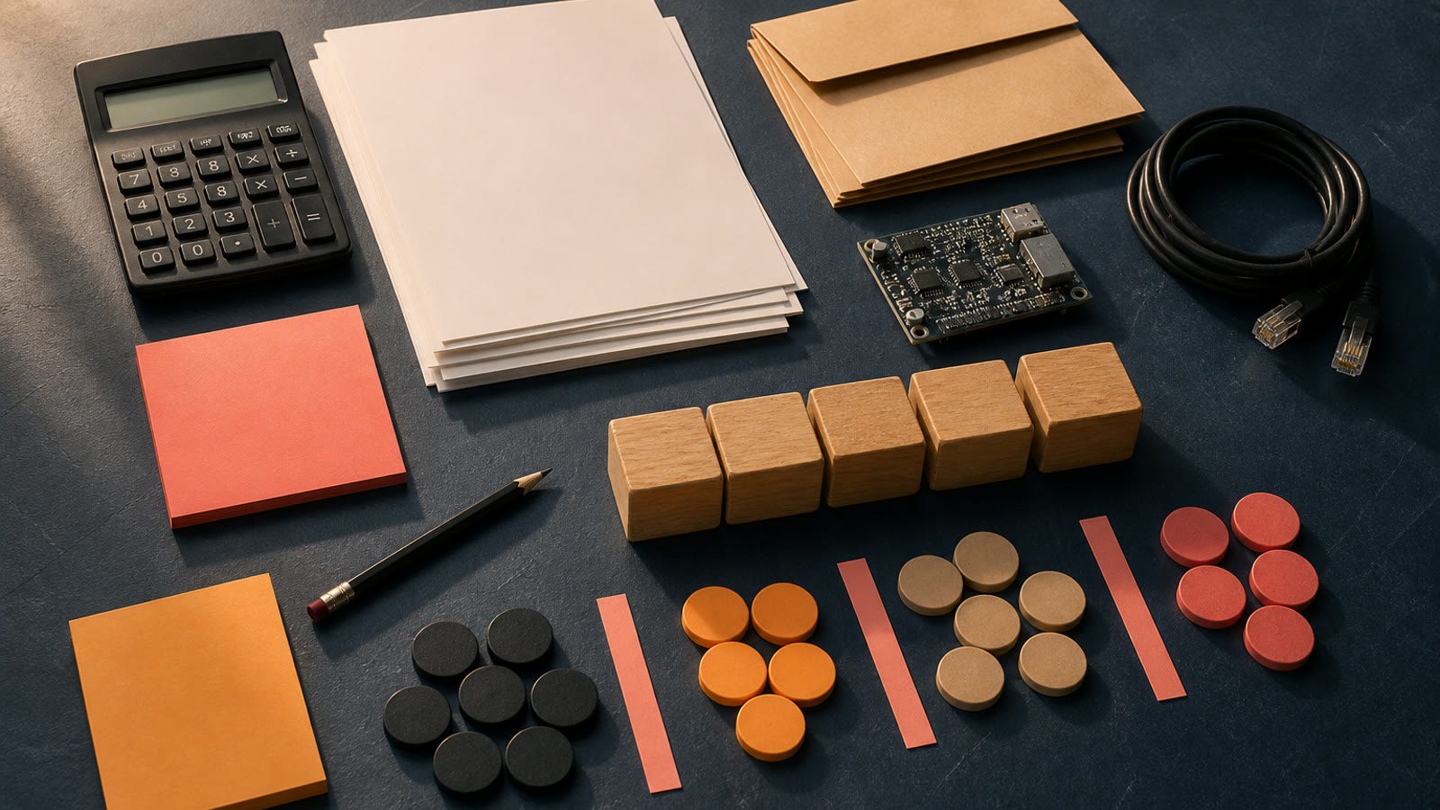 A calculator, scope sheets, hardware, timeline blocks, and budgeting tokens arranged for cost planning