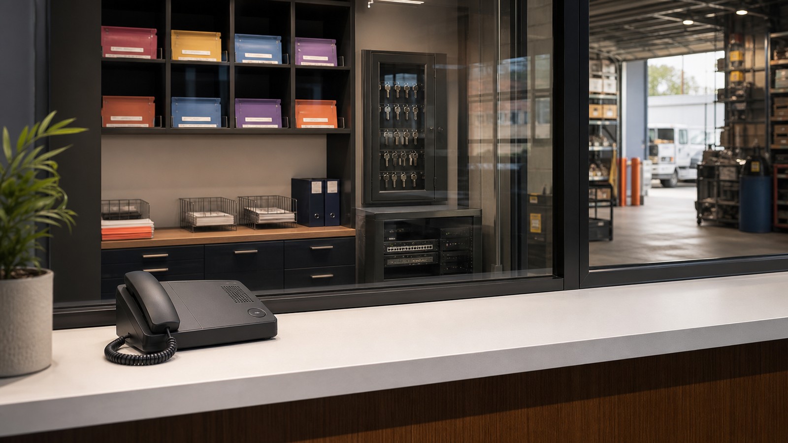 A service phone sits at a front counter with dispatch records, secured keys, network equipment, and a service bay operating behind glass