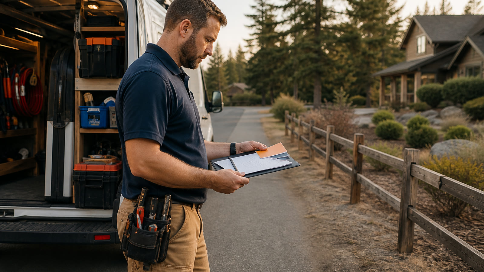 A field-service owner reviewing a proposal folder beside an open work van at a customer property