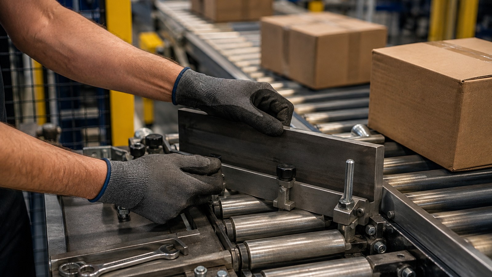 Gloved hands realigning a parcel guide on a compact sorting line