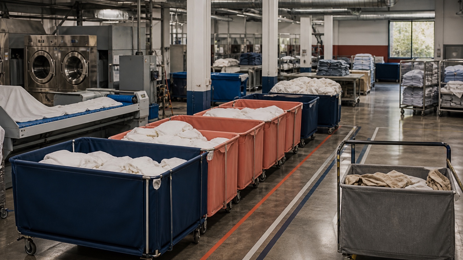 An empty commercial laundry sorting floor with staged linen carts, color-coded bins, clear handoff lanes, and one separated exception cart