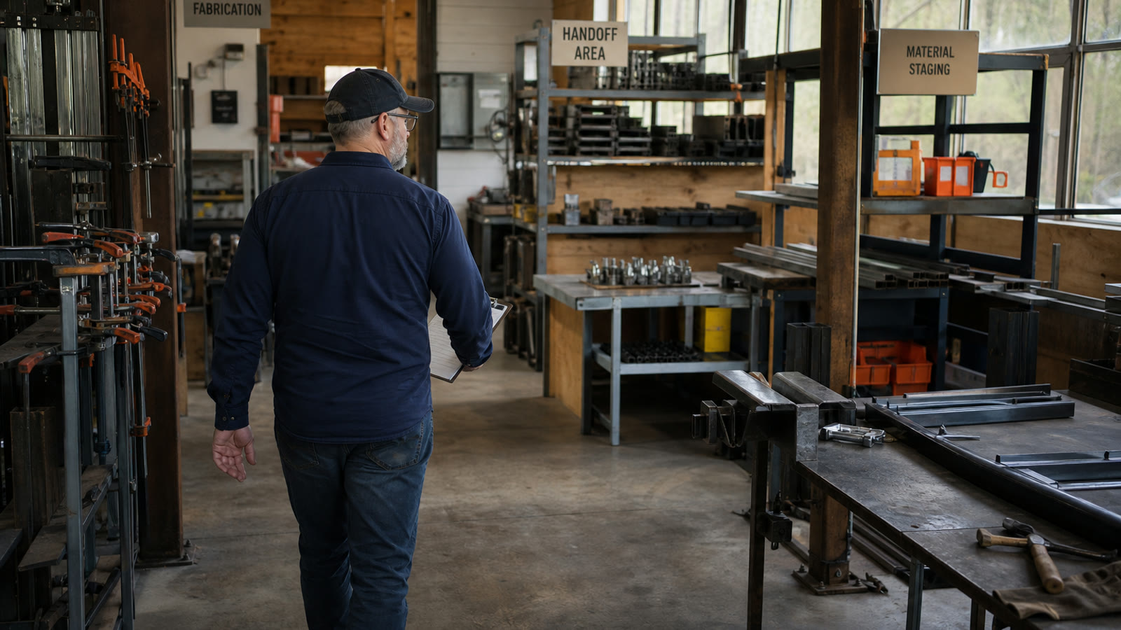 A small-business owner walking a fabrication floor to observe workflow handoffs