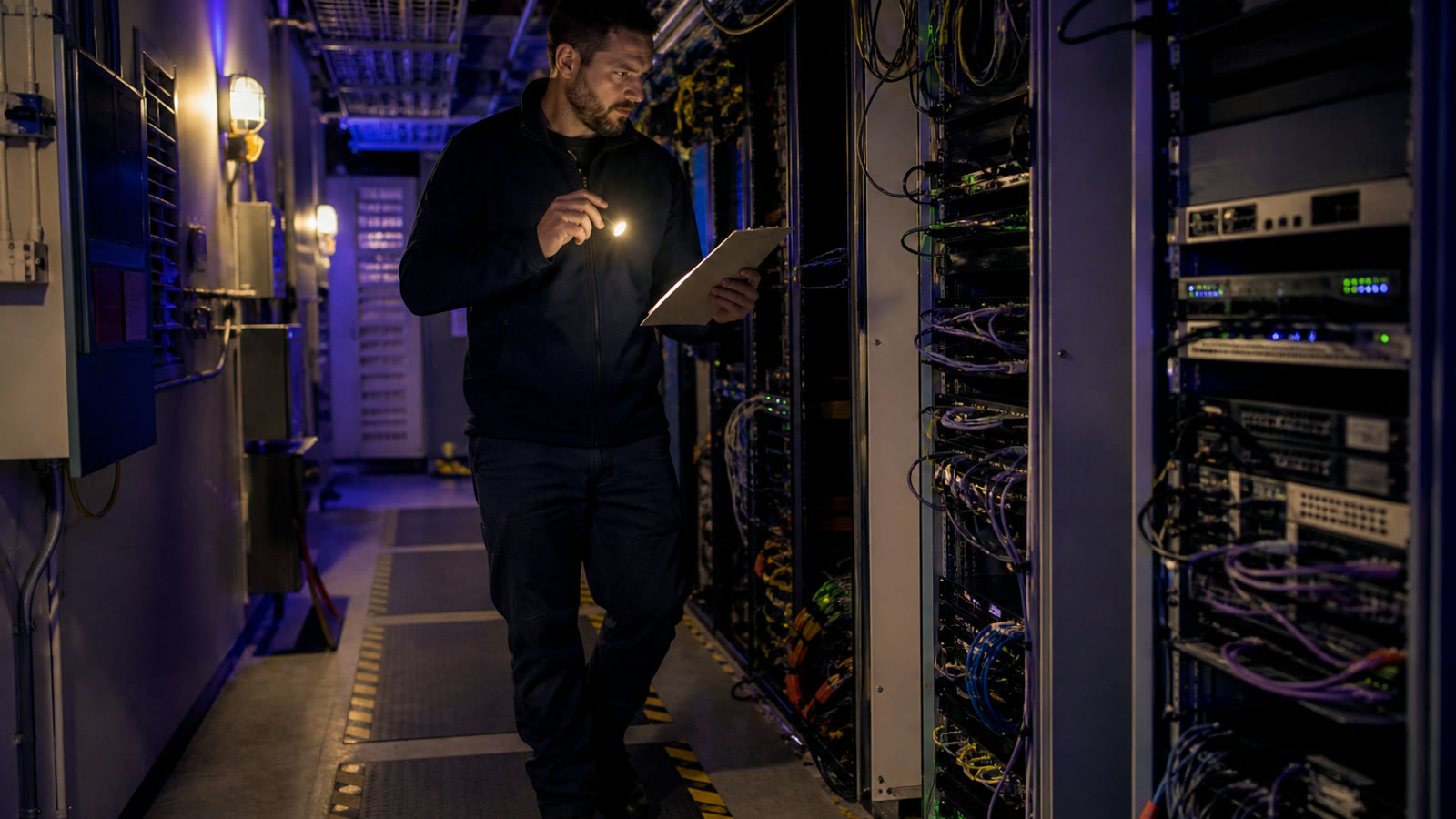 A technical operator inspecting network and server equipment during after-hours maintenance