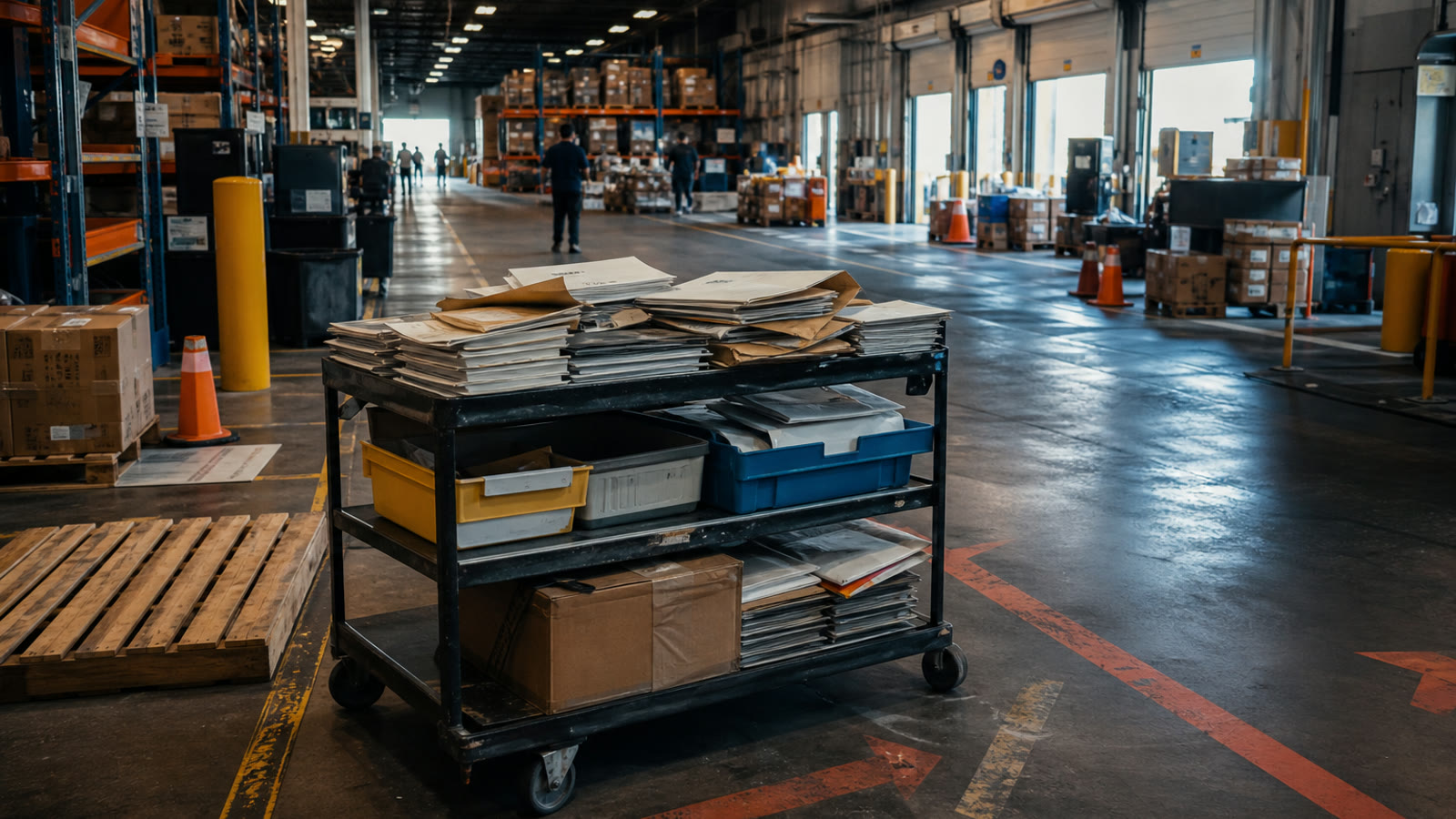 A cart of stalled paperwork and parcels at a bottleneck inside an active service warehouse