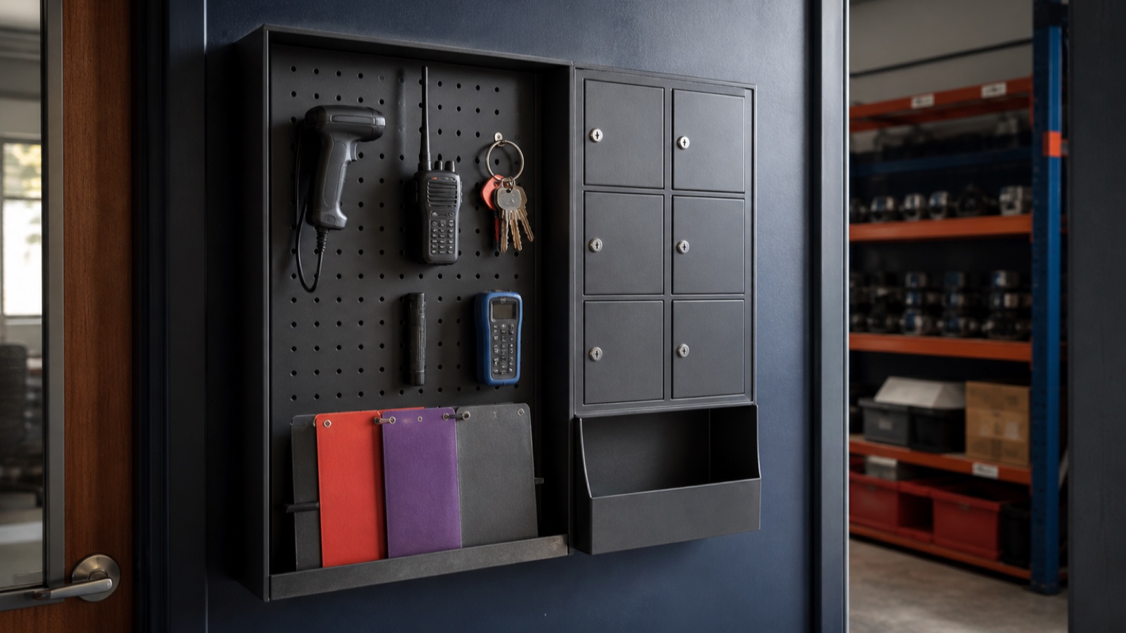 A secure wall station holds a scanner, radio, keys, inspection tools, job sleeves, locked compartments, and a return slot between an office and stockroom
