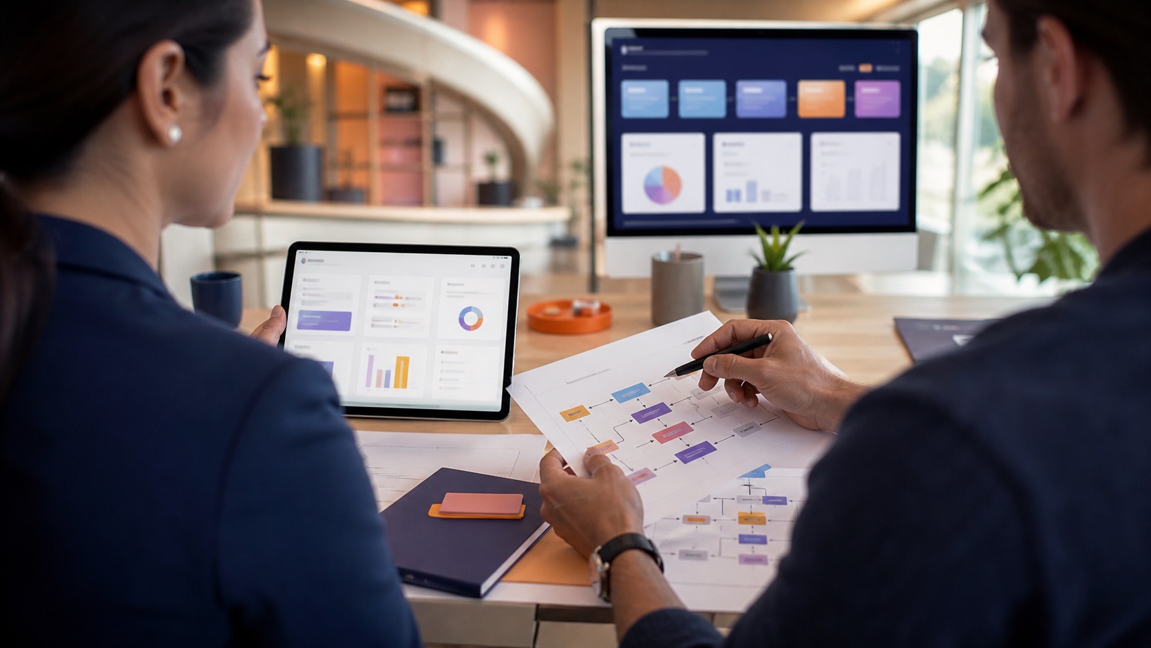 Two professionals reviewing a workflow map and operating dashboards